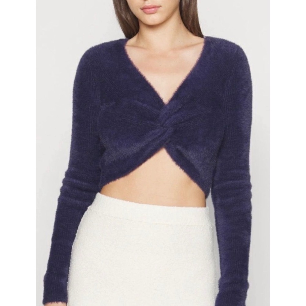 Aerie Fluffy-4-Ever Reversible Twist Front Crop Blue Knit Sweater Balletcore S